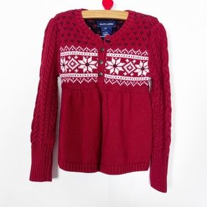 RALPH LAUREN Girls Cardigan Sweater Size 4T Red White Snowflakes Winter Cotton